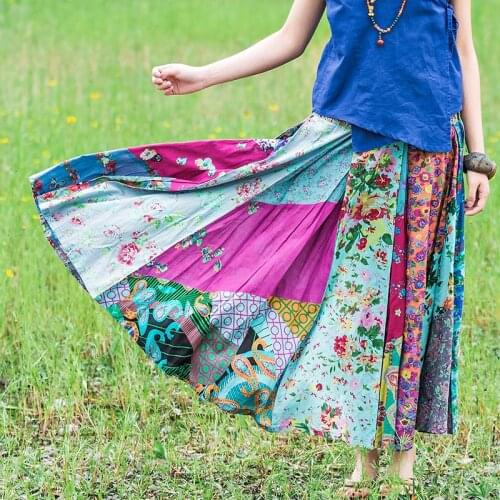 Women Cotton Patchwork Drawstring Skirts Ladies Waisted Skirts Female Summer Printed Skirt 2020