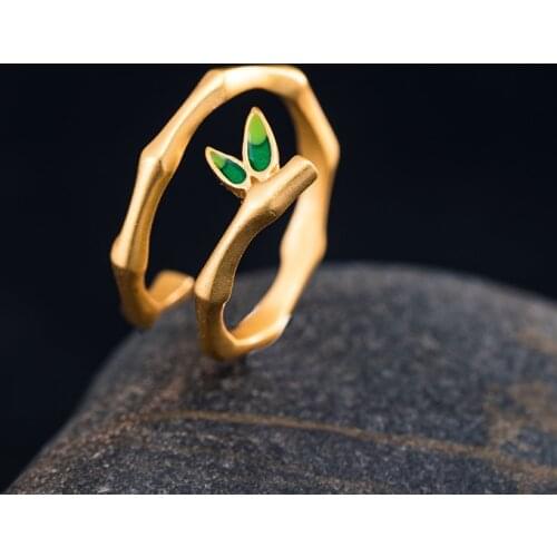 925 Sterling Silver 18k Gold Bamboo Open Rings For Women Ethnic Style Luxury Female Vintage Jewelry Gift