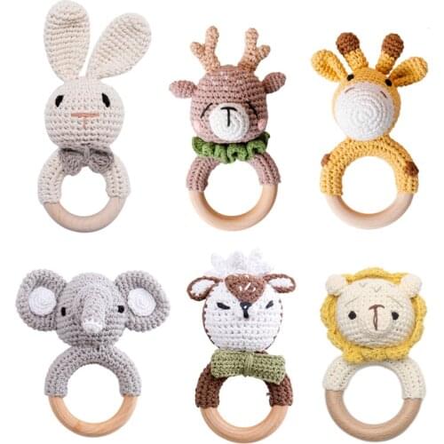 1pc Baby Teether Music Rattles for Kids Animal Crochet Rattle Elephant Giraffe Ring Wooden Babies Gym Montessori Childrens Toys