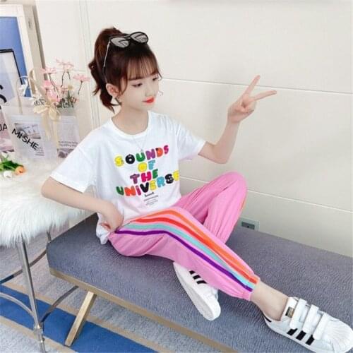 2021 Summer kid baby Girls Clothes Child short Tops t shirt news paper + striped pants teenager Tracksuit 6 8 9 10 11 12 Year