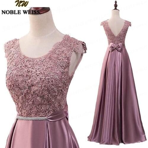 NOBLE WEISS Dust Pink A-Line Cheap Prom Dresses Long Floor Length Lace Evening Dress With Bowknot Belt Red Black Robe De Soiree
