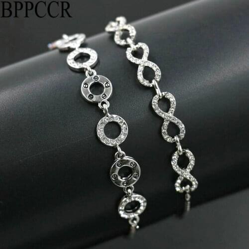 BPPCCR Shiny Zircon Crystal Charm Bracelets Silver Color Women Figure 8 Infinity Allure Mujer Pulseras Anklets Wedding Jewelry