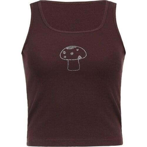 Women Sexy Sleeveless U-Neck Cropped Tank Top Hot Drill Rhinestone Mushroom Graphic Shirts Ribbed Knit Brown Slim Vest