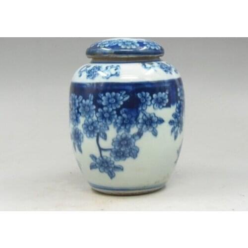 Elaborado chino antiguo pintura hecha a mano azul y blanco flores de porcelana té caddy olla n. ° 2