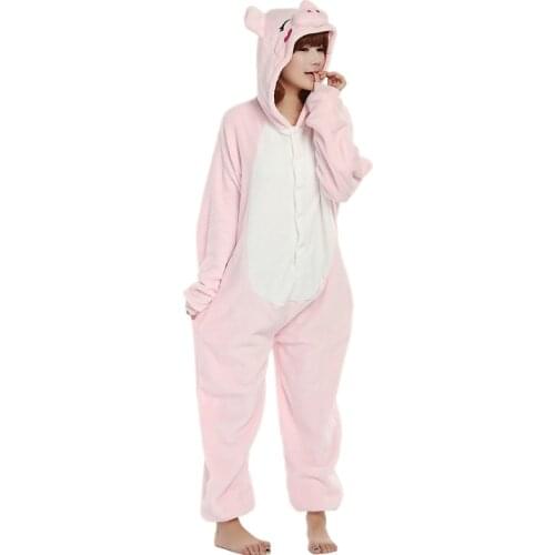 Adult Flannel Cosplay Costume Animal Pink or Black Pig Anime Onesies Pajama For Halloween Carnival Masquerade Party