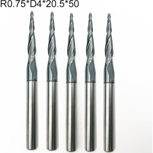 10pcs R0.75xD4x20.5x50mm 4mm shank Tungsten solid carbide Tapered Ball Nose End Mills and cone wood metal cutter HRC55 coated