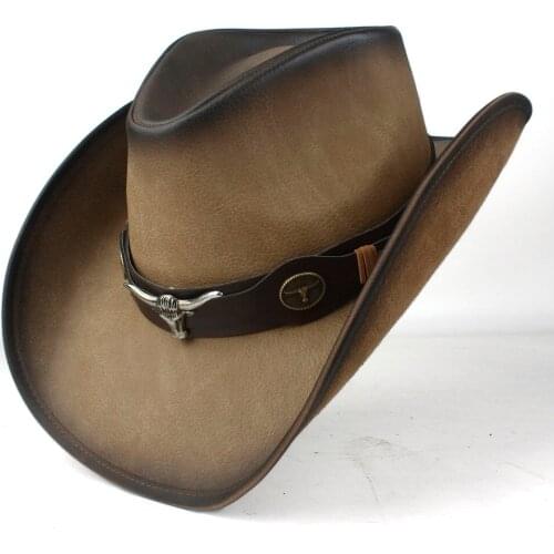 100% Leather Men Women Western Cowboy Hat Wide Brim Hat Outdoor Sombrero Hombre Cowgirl Hat