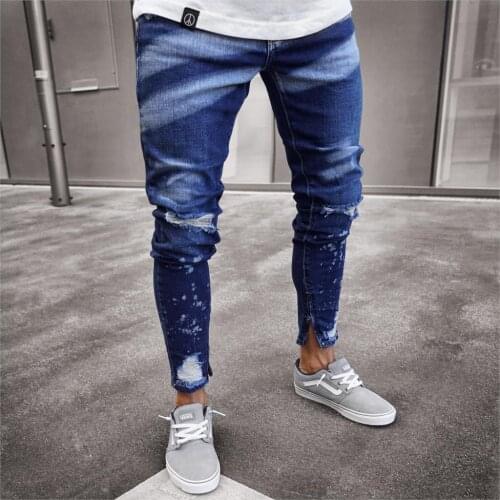 Mens Skinny Stretch Jeans Distressed Ripped Jeans Freyed Denim Lightweight Cotton Trousers Cool Streetwear Fashion Dye Pants