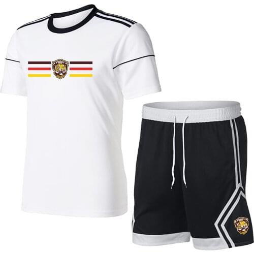 New Fashion Tiger Shield Mens Striped Short Sleeve T-shirt +Sports Five-point Pants Set Basketball Football Jogging 2 Piece Set