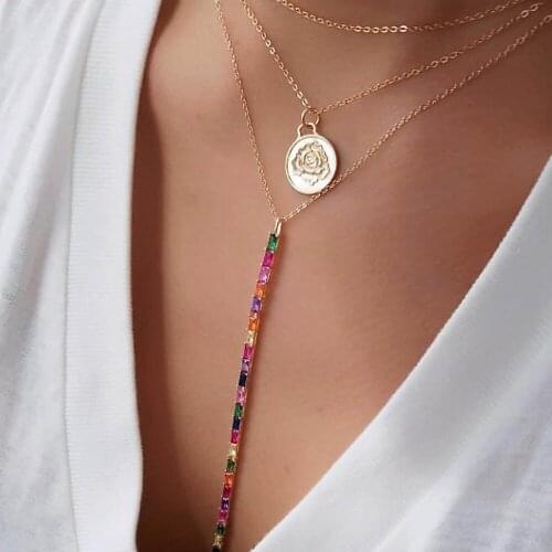 New gold color long lariat chain rainbow cznecklace link chain sparking charm pendant Y women sexy fashion Fine jewelry necklace