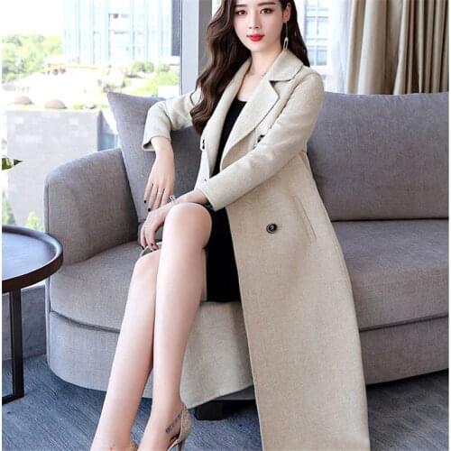 Slim Winter Wool Women Long Coat Woolen Office Lady Turn-Down Collar Overcoat Outerwear