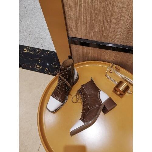 Osunlina Ankle Boots Mixed Color Retro Genuine Leather Short Boots For Woman Sqaure Toe High Heels Autumn Lace-up Shoes A016