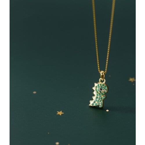 Pure 925 Sterling Silver Green Color Cubic Zirconia Dinosaur Necklace For Woman Girls Kids Prevent Allergy Monster Fine Jewelry