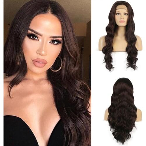 AIMEYA Synthetic Lace Front Wigs For Women Long Body Wave High Temperature Lace Wig Glueless Brown Wig With Side Parting
