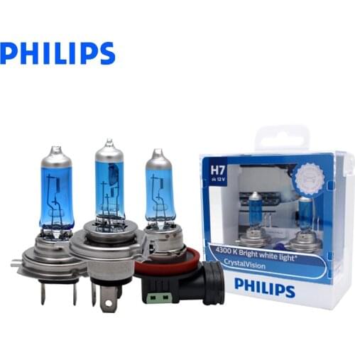 Philips H1 H4 H7 H11 9005 9006 12V Crystal Vision 4300K Bright White Light Halogen Car Head Light Fog Lamps +2x T10 Bulbs, Pair