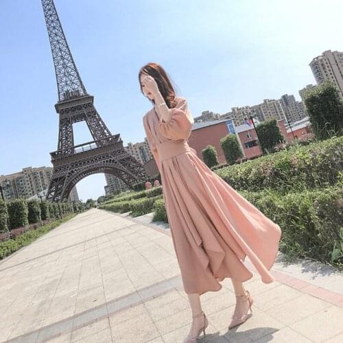 New women retro solid color asymmetric dress Women Lantern sleeve A word dress summer sexy V-neck office elegant party dress