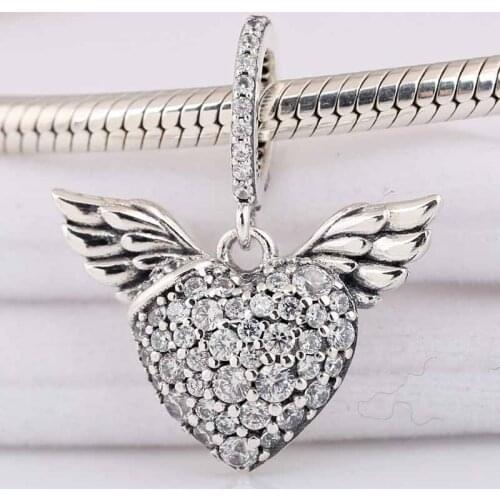Original Sparkling Heart And Angel Wings With Crystal Pendant Beads Fit 925 Sterling Silver Charm Bracelet Diy Jewelry