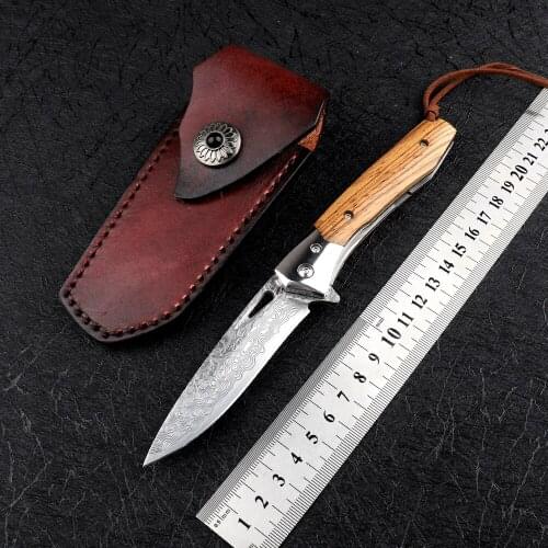 Portable VG10 Damascus Steel Blade Black Walnut Snake Wood + Steel Handle Outdoor Camping Tactical EDC Tool Fruit Folding Knife