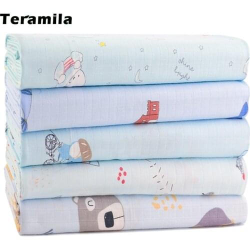 Teramila Sky Blue Cotton Cloth Elephant Skin-Friendly Double-Deck Gauze Plaid Fabrics for Sewing Baby Underwear Dresses Per Yard
