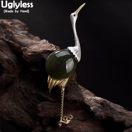 Uglyless Real 925 Sterling Silver Natural Green Jade Flamingo Brooches for Women Handmade Cranes Pins Dual Use Pendants Jewelry