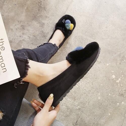 Koovan Womens Fur Flats Shoes Female Autumn Winter 2021 New Wool Cotton Shoes Outside Wear Rabbit Fur Flats For Women