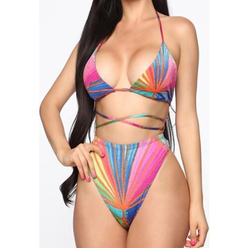 Women Three-piece Bikini Set Colorful Print Swimwear Summer Sexy Push Up Halter Bra High Waist Swimsuit+Cover Up Skirt Beachwear