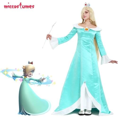 Galaxy Rosalina Cosplay Costume with Crown Earrings Woman Light Blue Dress Halloween Outfit