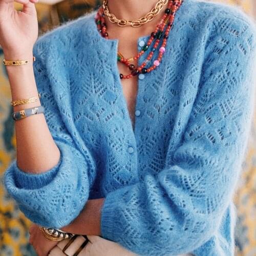 Women Hollow Out Knitted Mohair Wool Cardigan Coat 2020 O Neck Ladies Thin Single Breasted Softwear Sweater Blue White Yellow
