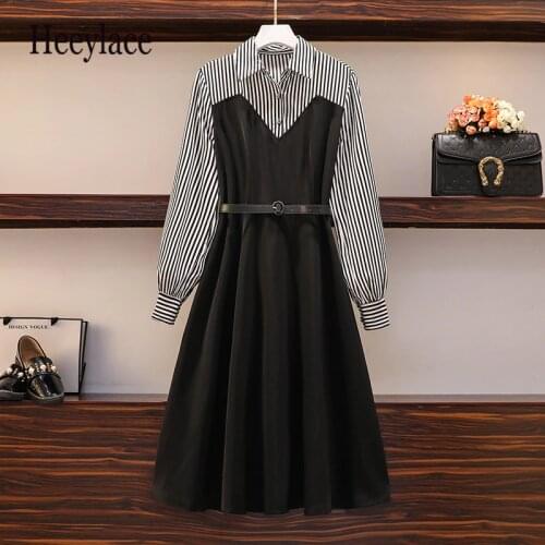 Plus Size Women Elegant Office Dress Autumn 2020 Fashion Striped Long Sleeve Shirt Patchwork Black Loose Ladies Midi Dresses