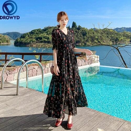 2021 Summer New Chiffon Long Dress Women Floral Slim V-neck Short Sleeve Elastic Waist Ruffle Dress Elegant Bohemian Vestidos