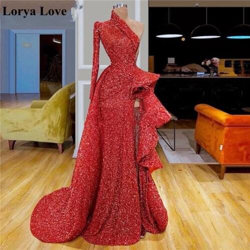 Red Sequin Sexy Evening Dresses 2020 Women Party Robe De Soiree Elegant One-Shoulder Long Sleeves Vestidos Shiny Prom Maxi Dress