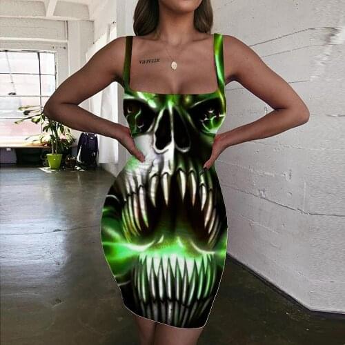 Giyu Brand Skull Dress Women Flame Ladies Dresses Rock Vestido Sexy Party Halter Sleeveless Womens Clothing Club Vintage Boho