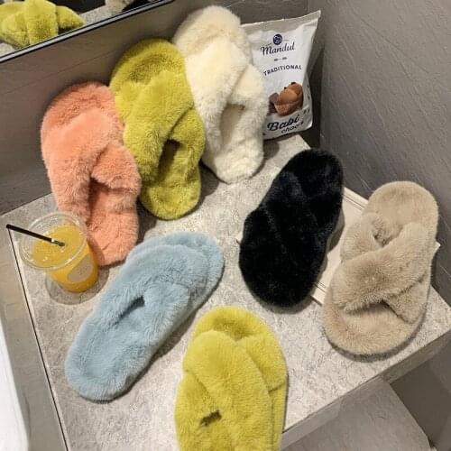 Winter Women House Slippers Faux Fur Fashion Warm Slip on Flats Black Cozy Home Furry Thick Bottom Slipper