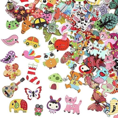 50pcs Mixed Cartoon Animal Design 2 Holes Wooden Clothing Buttons for Clothes Handmade Sewing DIY Craft Decoration Accessories