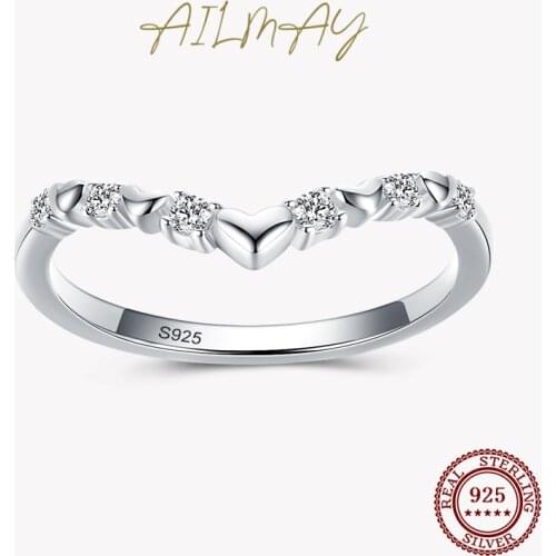 Ailmay Real 925 Sterling Silver Stackable CZ Ring Fashionc Simple Heart Clear Zircon Finger Ring Fine Female Fashion Jewelry