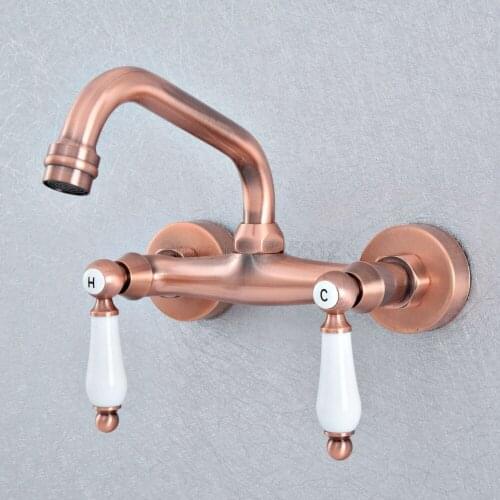 Antique Red Copper Wall Mounted Kitchen Sink Vessel Faucet Dual Ceramic Lever Swivel Spout Bathroom Basin Taps tsf900