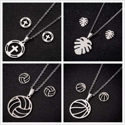 Oly2u Classic Circle Jesus Cross Cheap Stainless Steel Jewelry Sets Vintage Palm Leaf Necklaces Pendants for Mom Wife Gifts