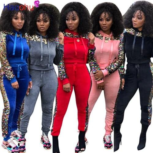 HAOOHU Sequins Splice Two Piece Set Women Tracksuit Fall Winter Festival Clothes Top Pants Sweat Suits 2 Piece Club Outfits