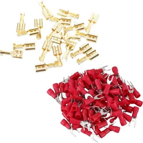 LBER 20 Pcs Brass Crimp Terminal 6.7mm Female Spade Connectors & 100 Pcs 4mm Fork AWG 22-16 Pre Insulated Terminal Cable Lug