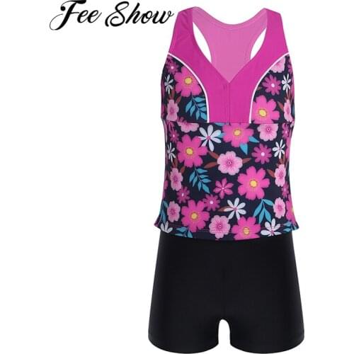 Summer Kids Girls Swimwear Bathing Suit V Neck Sleeveless Racer Back Swimming Tops and Shorts Set Children Swimsuit Beachwear