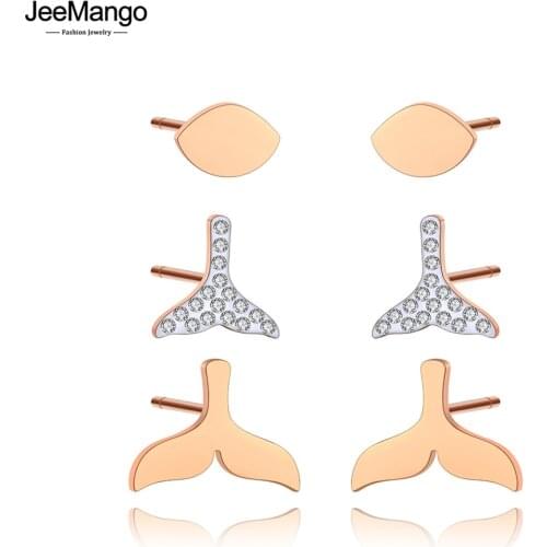 JeeMango 316L Stainless Steel Fish Tail Rhinestone Earrings Jewelry 3Pair/Set Trendy Crystal Earrings For Women Girls JE20207