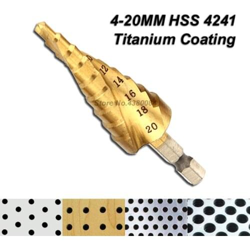 1Pc Set 4-20MM Titanium Coating Spiral Grooved HSS Step Drill Bit 1/4'' Hex Shank Cone Hole Cutter Punching Power Tools