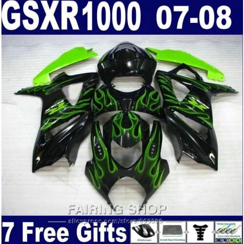 New hot Compression molded fairing kit For Suzuki GSXR 1000 07 08 green flames black fairings set GSXR1000 2007 2008 PG84