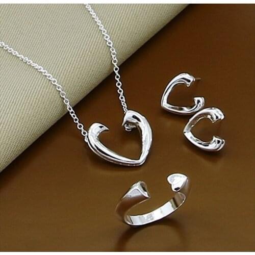 New 925 Sterling Silver Heart Shaped Earrings Ring Necklace Set For Women Engagement Party Wedding Fashion Glamour Jewelry