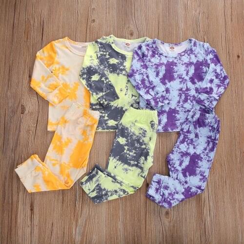 Autumn Spring Kids Clothes Set Children’s Long-sleeved Trousers Suit Tie-dye Round Neck T-shirt and Elastic Long Pants