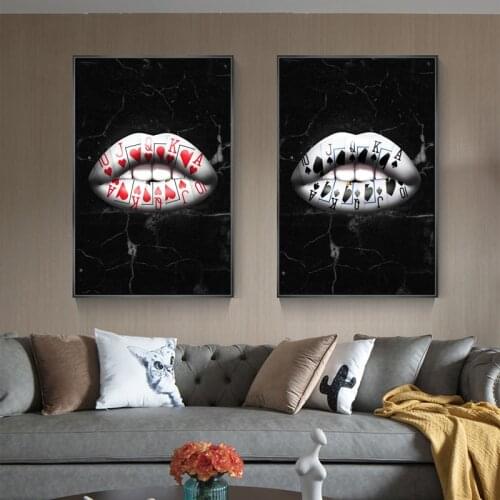Royal Flush Lips Spades Hearts Art Canvas Painting Black Cuadros Posters and Prints Wall Art Pictures for Living Room Home Decor