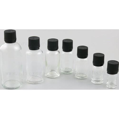 20pcs Clear Glass Essential Oil Bottle e Liquid Refillable Bottles with Plastic Black Cap 5ml 10ml 15ml 20ml 30ml 50ml 100ml