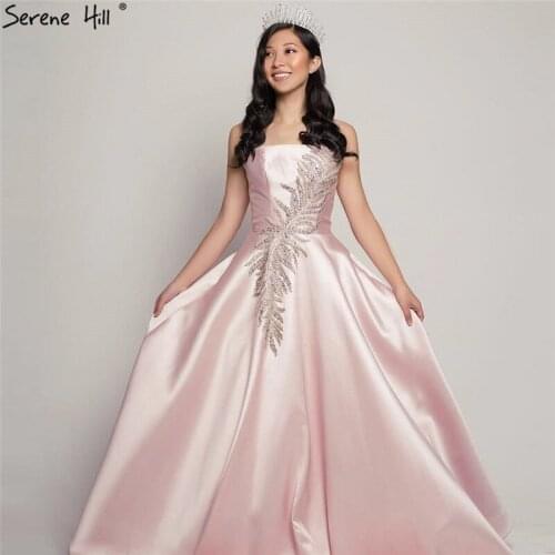 Pink Off Shoulder Sexy Simple Evening Dresses 2020 Sleeveless Beading Satin A-Line Formal Dress Serene Hill BLA70330