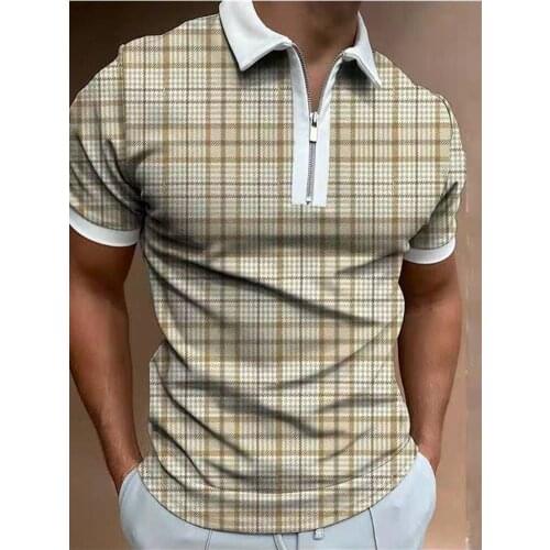 New Polo Shirts Casual Turn-down Collar Zipper Design Patchwork Tops Fashion Streetwear Clothing Men Fashion Plaid Short Sleeve