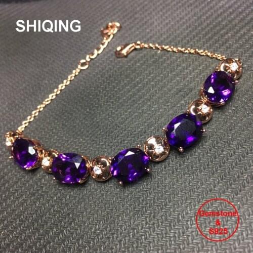 SHIQING Fine jewelry 925 sterling silver exquisite nature gemstone Amethyst bracelet for girls 18+3cm